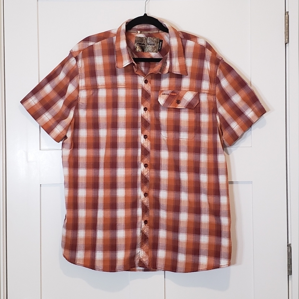 REALTREE Size XL Button Down Up Plaid Shirt Short Sleeves Burnt Orange Wine Red
